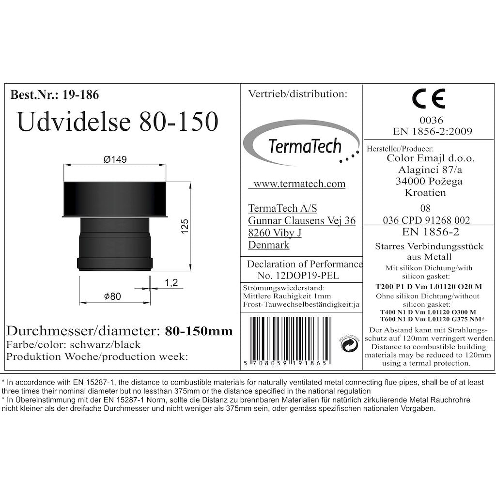 TermaTech, Koppling 80/150 utvändig Ø80/149mm för Ø150 dubbelväggdos