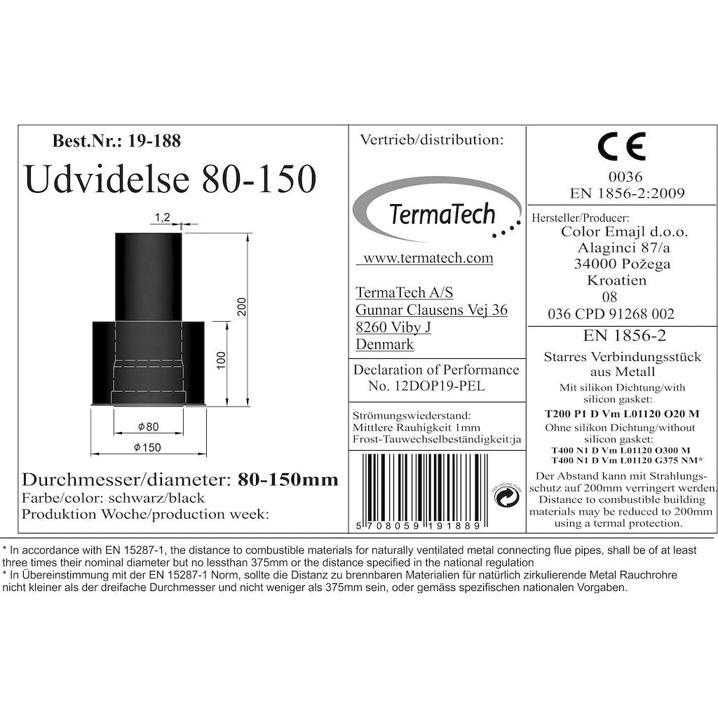 TermaTech, Koppling 150/80 utvändig Ø150/80mm för befintlig Ø150 vägguttag (ej för DE