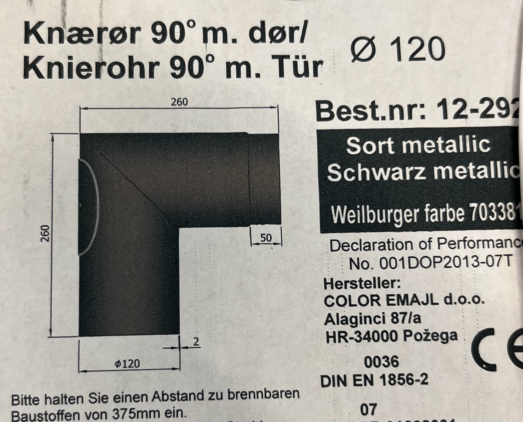 Knærør 90° m/Renselem Ø120mm i sort