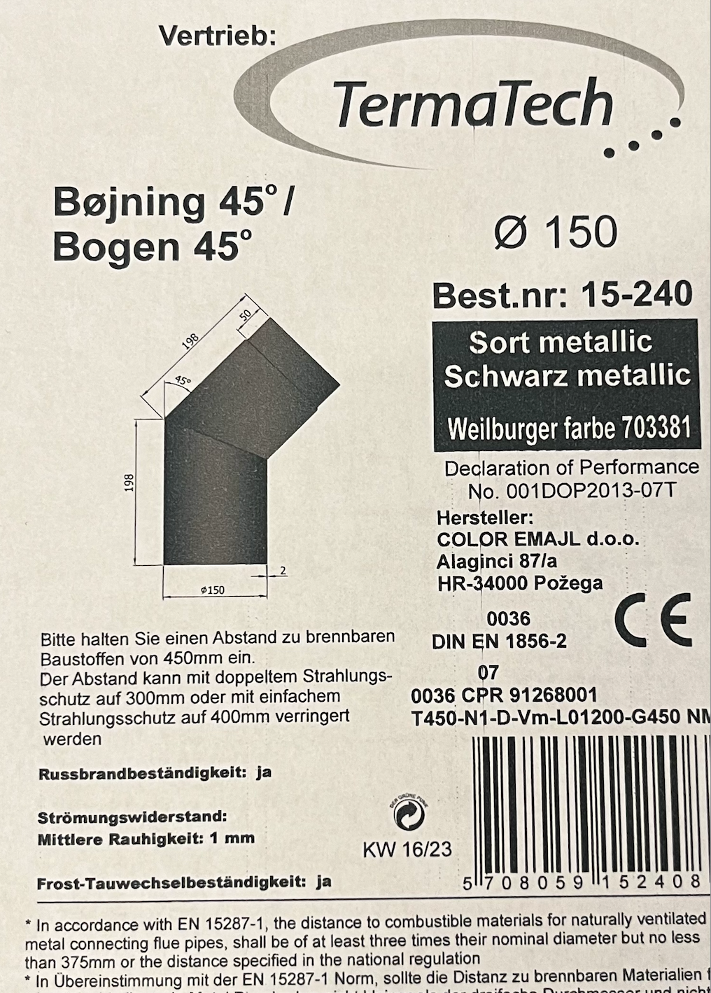 Bøjning 45 grader. Ø150mm